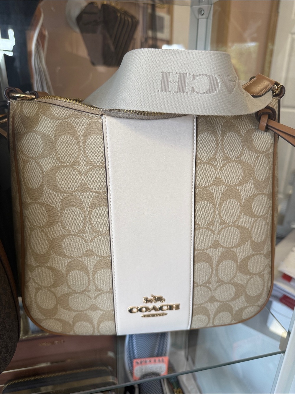 Coach Beige Signature Canvas Crossbody with White Center Stripe